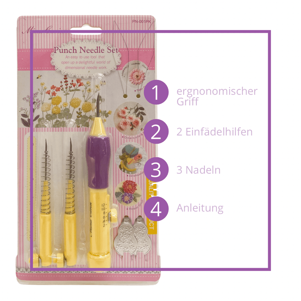 Punch Needle Tool Set „Mina Carin“ mit Anleitung, drei Nadeln, zwei Einfädlern und ergonomischen Griff von StraightCurls in Blisterverpackung