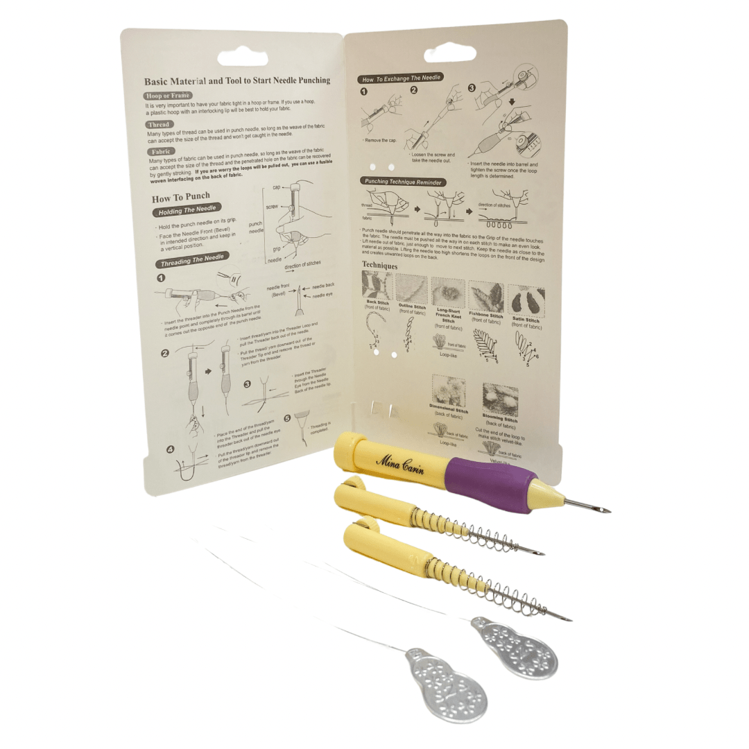 StraightCurls Punch Needle Tool Mina Carin mit ergonomischen Griff, drei Nadeln für unterschiedliche Garne, zwei Einfädlern und Anleitung von StraightCurls