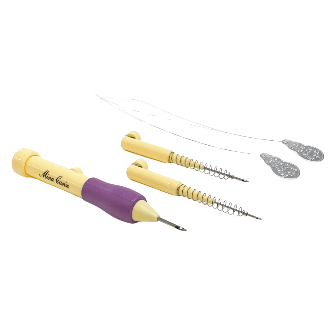 StraightCurls Punch Needle Tool Mina Carin mit ergonomischen Griff, drei Nadeln für unterschiedliche Garne, zwei Einfädlern von StraightCurls