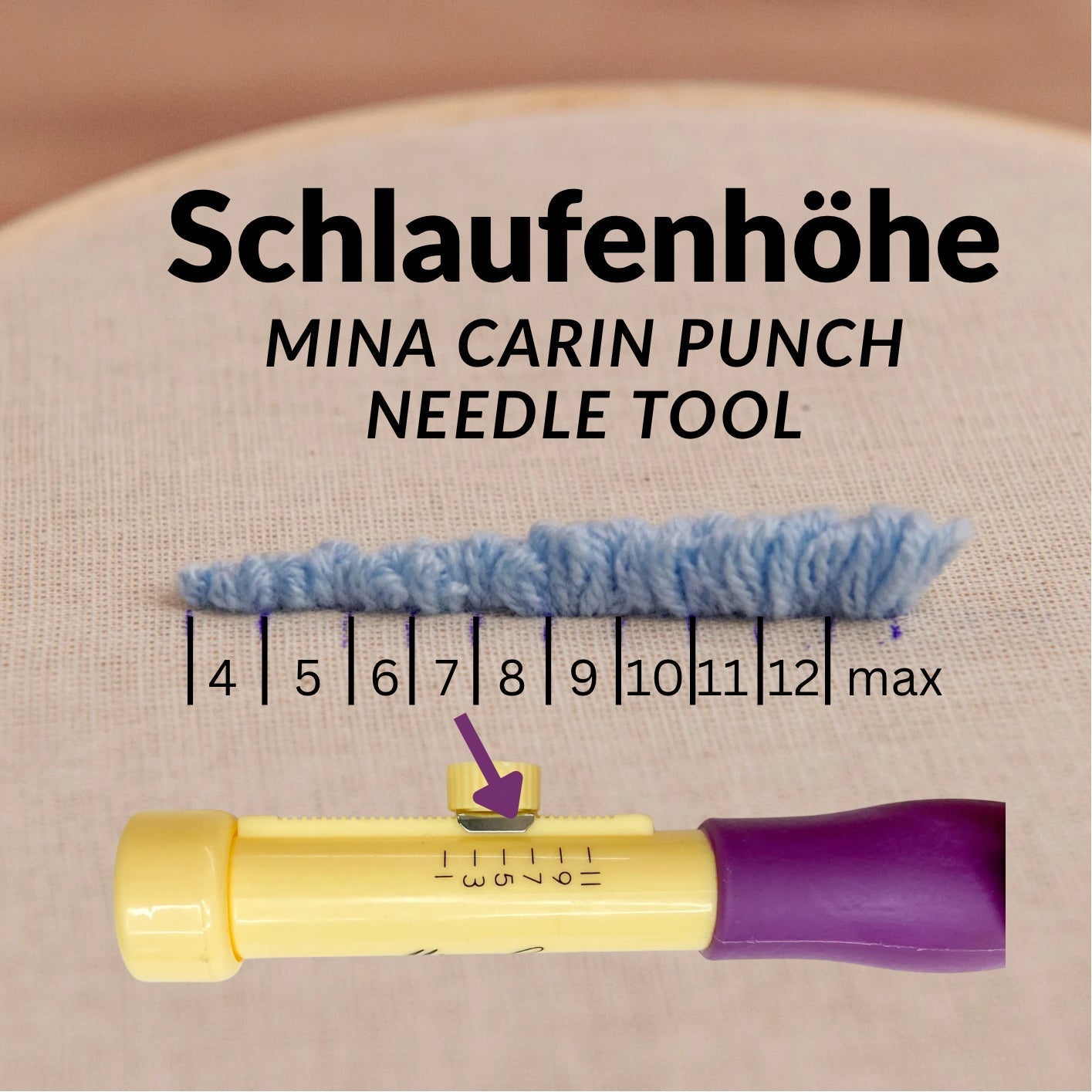 Illustration der Schlaufenhöhe eines Punch Needle Tools mit feinem blauen Wollgarn von StraightCurls 