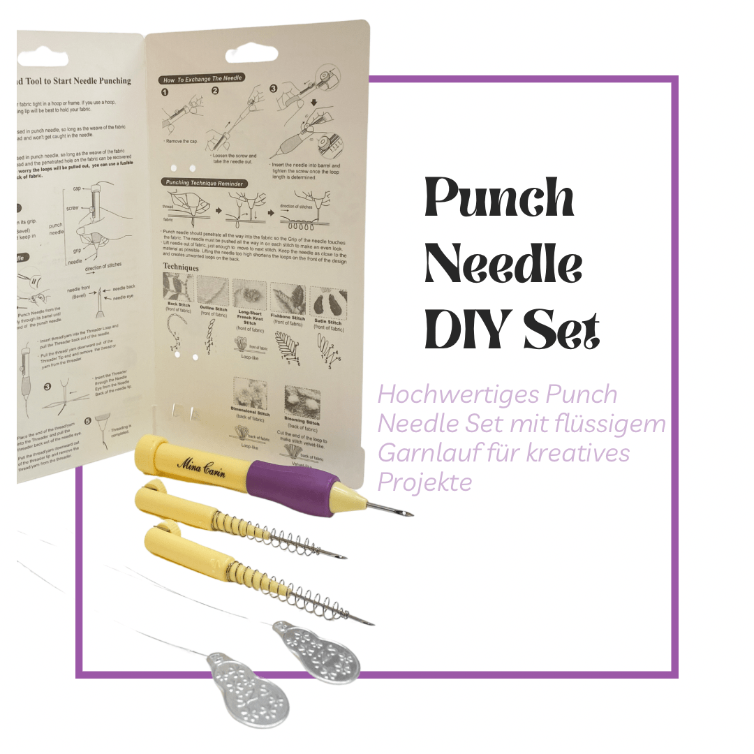 Punch Needle Tool Set „Mina Carin“ mit Anleitung, drei Nadeln, zwei Einfädlern und ergonomischen Griff von StraightCurls