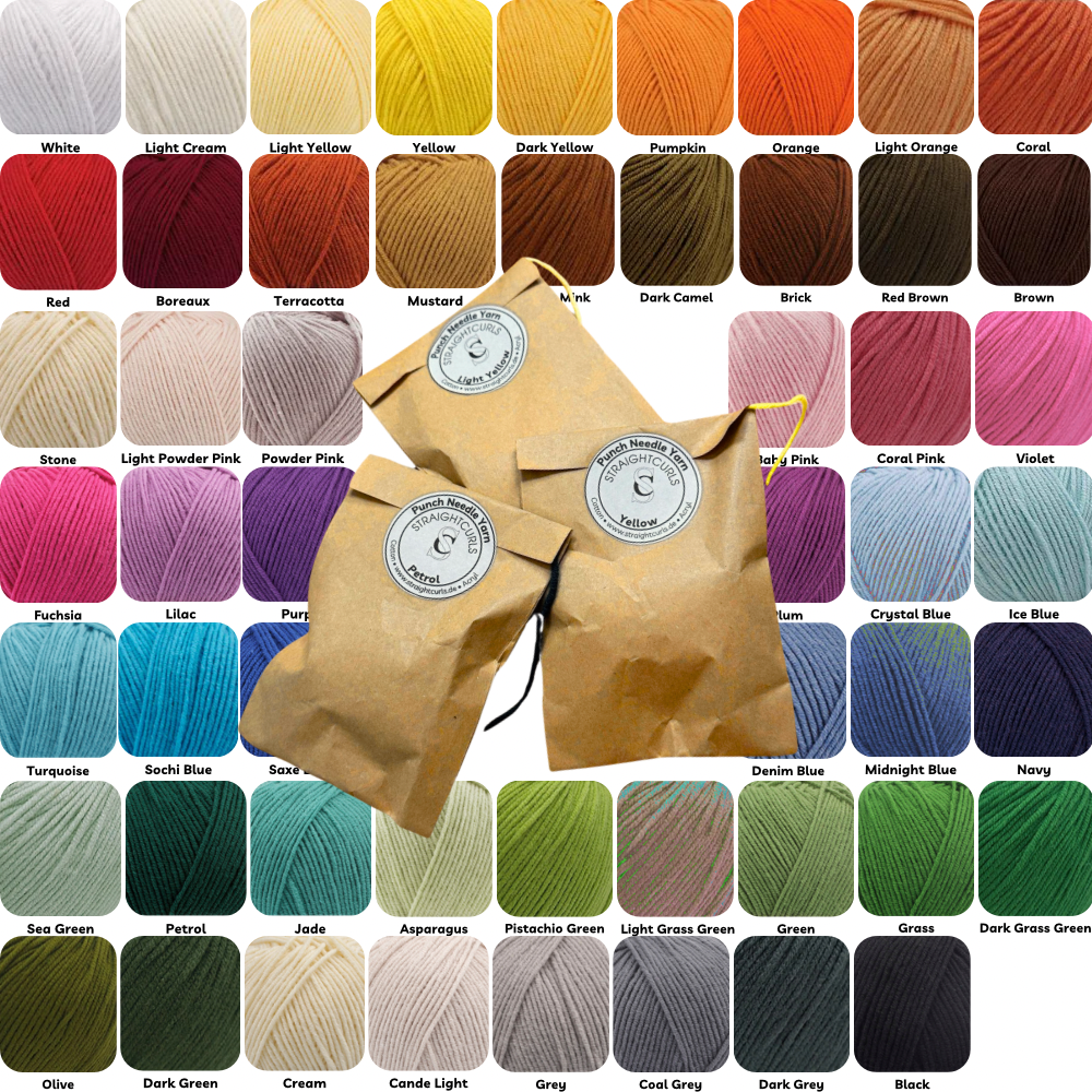 Drei braune Papiertüten mit „Straightcurls Punch Needle Garn“ liegen auf einer Farbkarte mit 56 Farbtönen – ideal für DIY-Punch-Needling-Projekte.